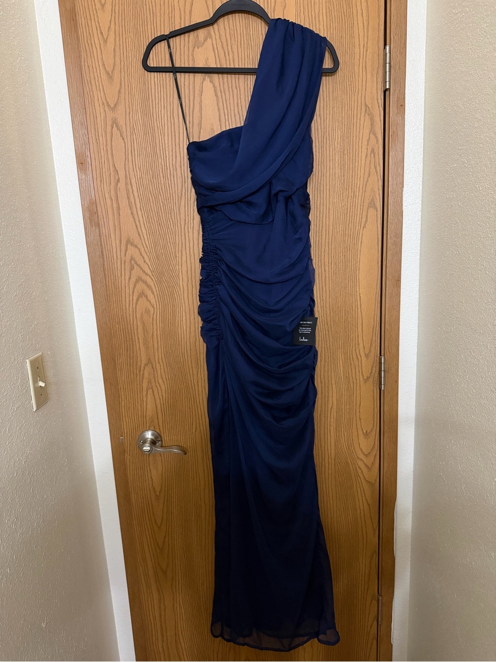 Lulu's Navy One-Shoulder Ruched Evening Gown